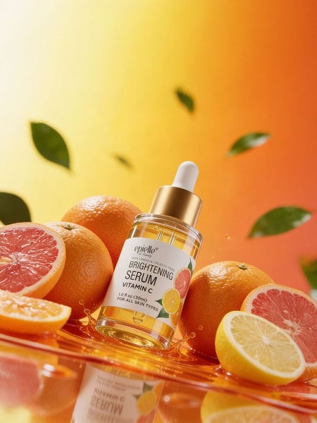 A high-quality product shot featuring a brightening serum bottle surrounded by fresh citrus fruits and floating leaves to convey natural freshness and efficacy.